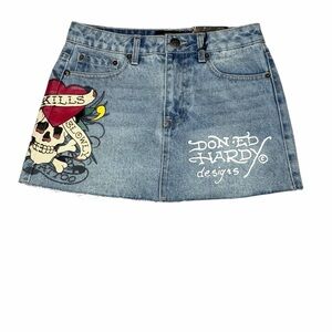 Ed Hardy Denim Mini Skirt Tattoo Graphic Y2K Iconic Size‎ XS NWT